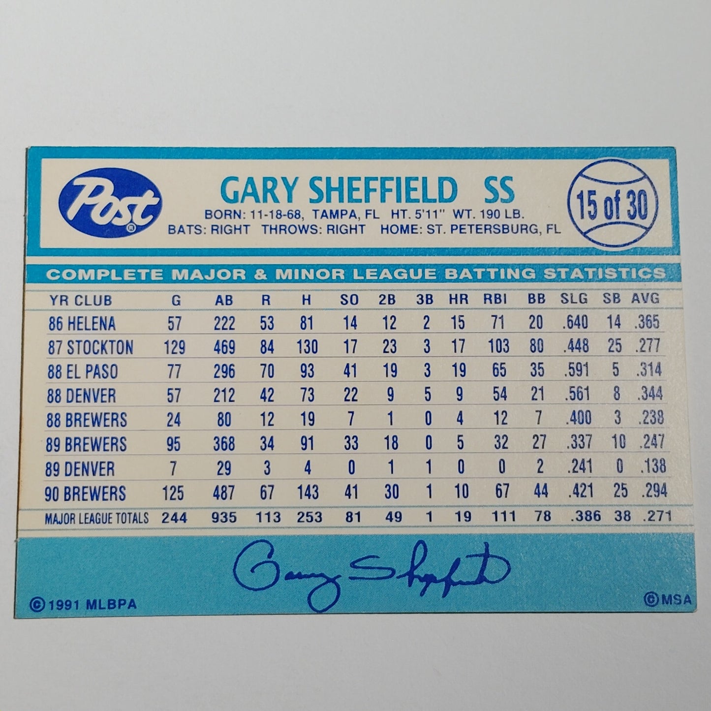 1991 Post Collector Series Gary Sheffield #15 Milwaukee Brewers 3B Baseball NM