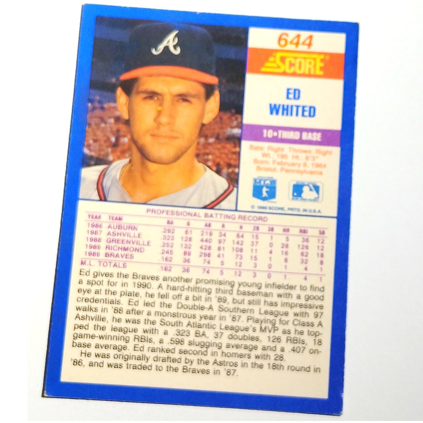 1990 Score Ed Whited RC #644 Atlanta Braves Outfielder Rookie MLB Baseball EX