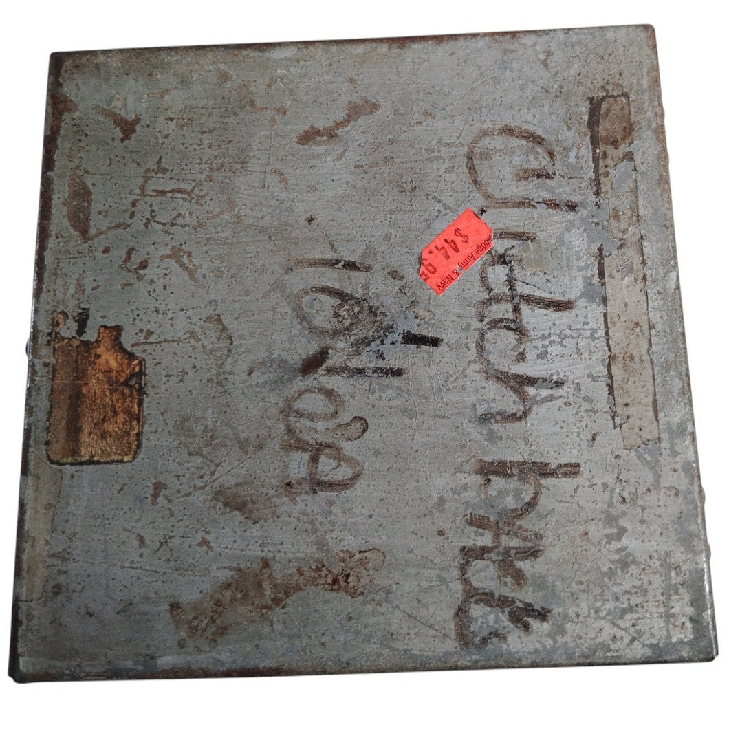Vintage Galvanized Steel Box – Swing Clip Closure, 5-3/8" Square Industrial Storage