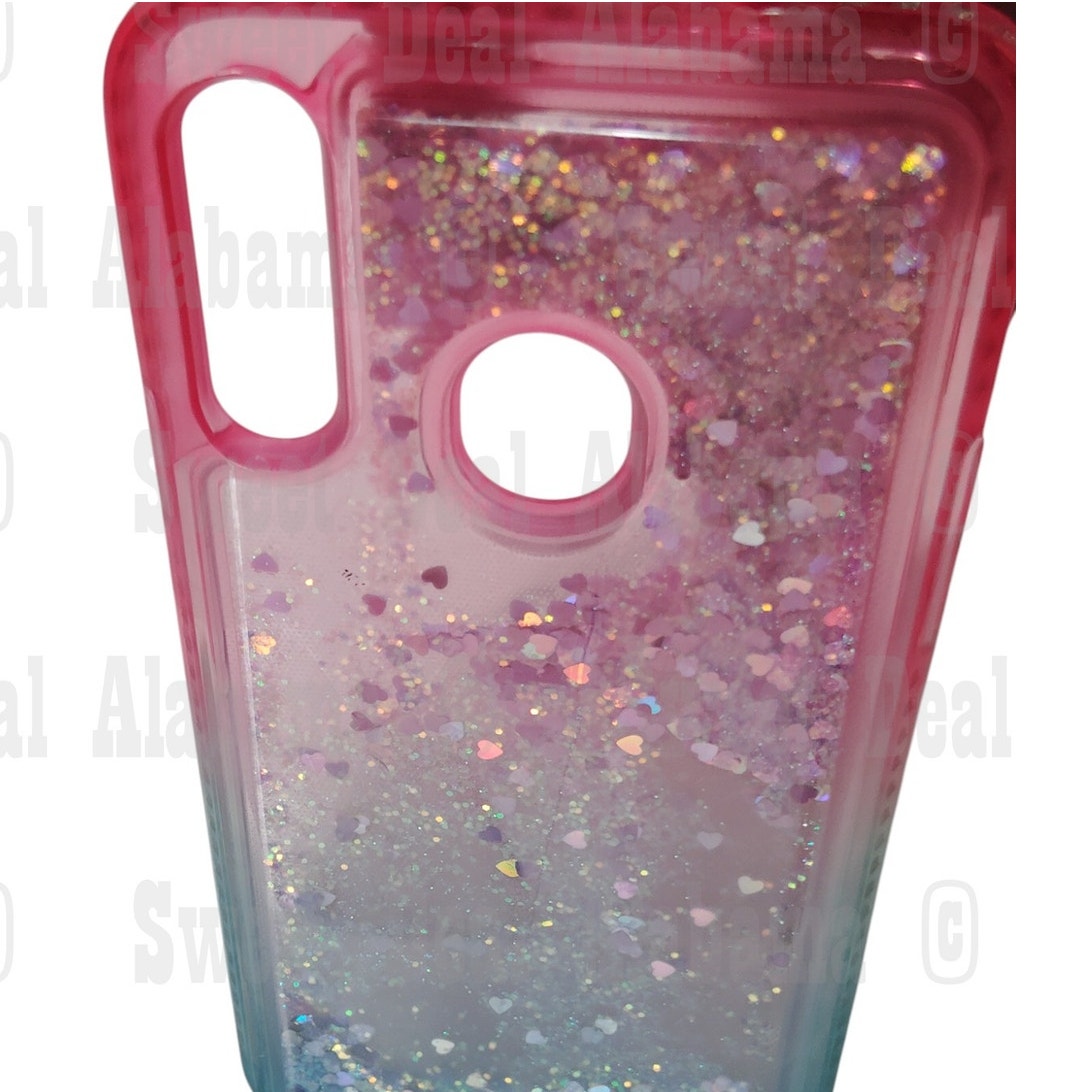 Cellphone Case For Samsung Galaxy A20s, Pink/Aqua w/ Glitter/Hearts Quicksand