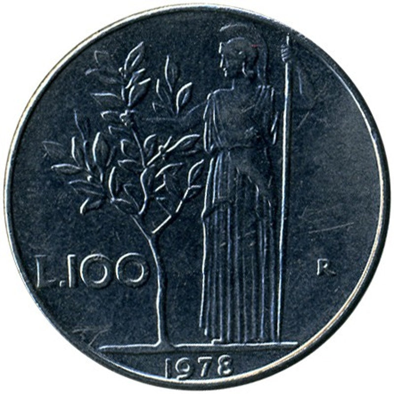 Italy 100 Lire, 1978, Laureate Head of a Woman, Reverse: Goddess Minerva
