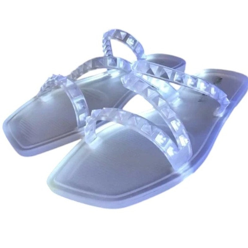 MIXIT Size 8 Women's Slip-On Large Frosted Clear Strappy Studded Sandals, 8