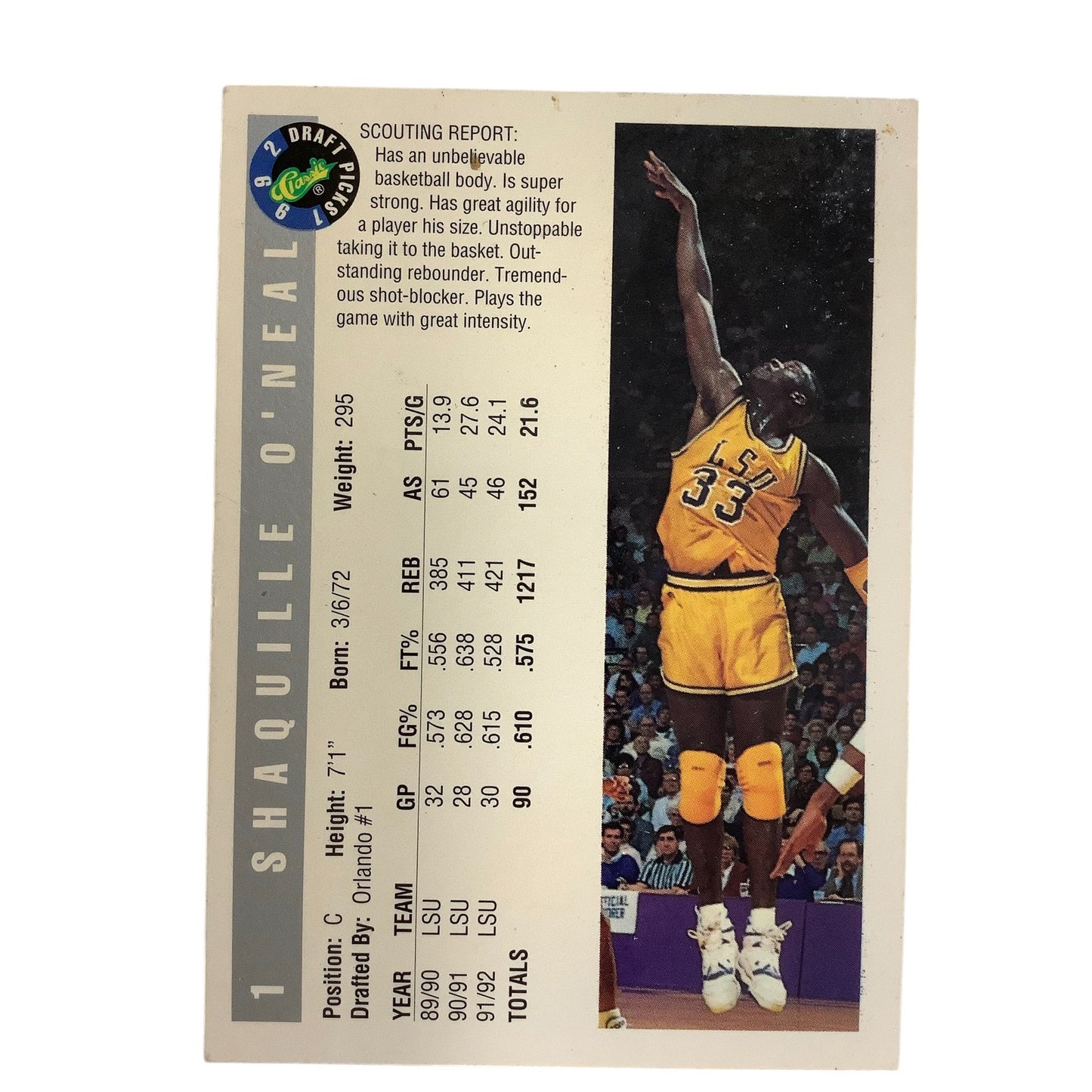 Shaquille O'Neal, LSU (C), Classics 1992 Draft Picks Card 1, EXC