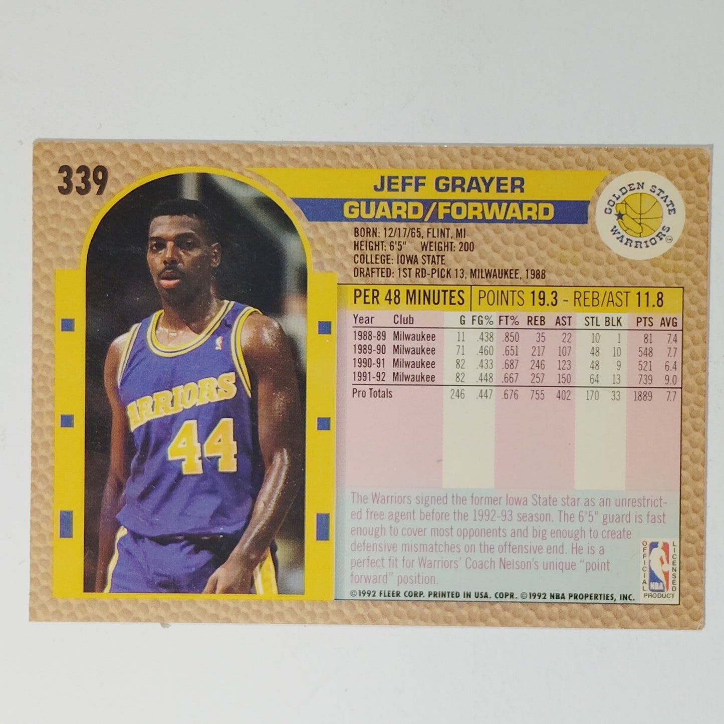 1992–93 Fleer Jeff Grayer #339 Golden State Warriors – Guard/Forward – NBA Card
