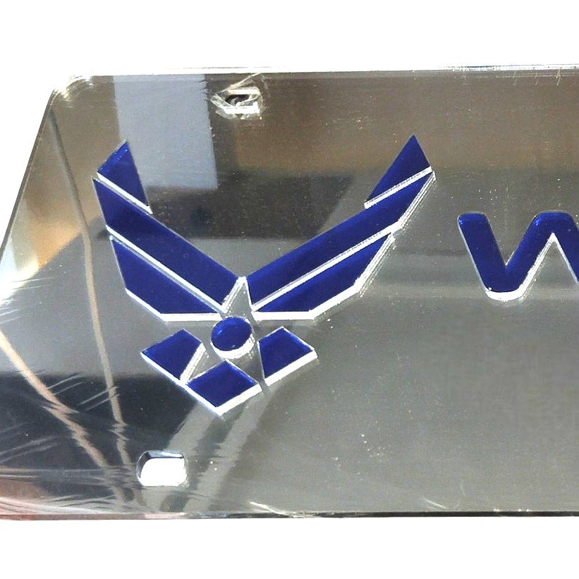 U.S. Air Force Wings License Plate Frame – “WIFE” Blue Inlay, Mirrored Finish, Made in USA