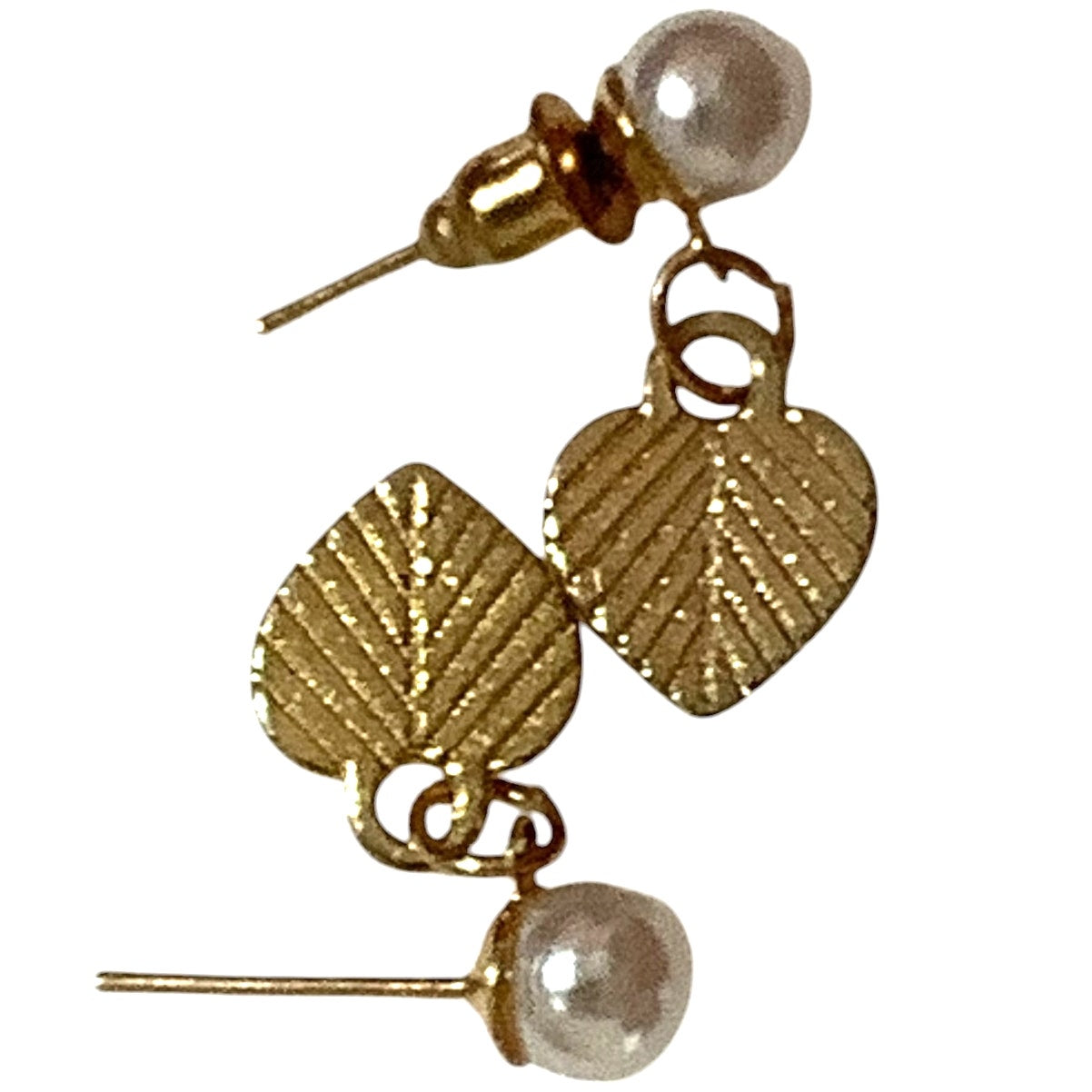 Dangle Heart Earrings with Faux Pearl, Gold Tone Frame and Post, Missing 1 Back.