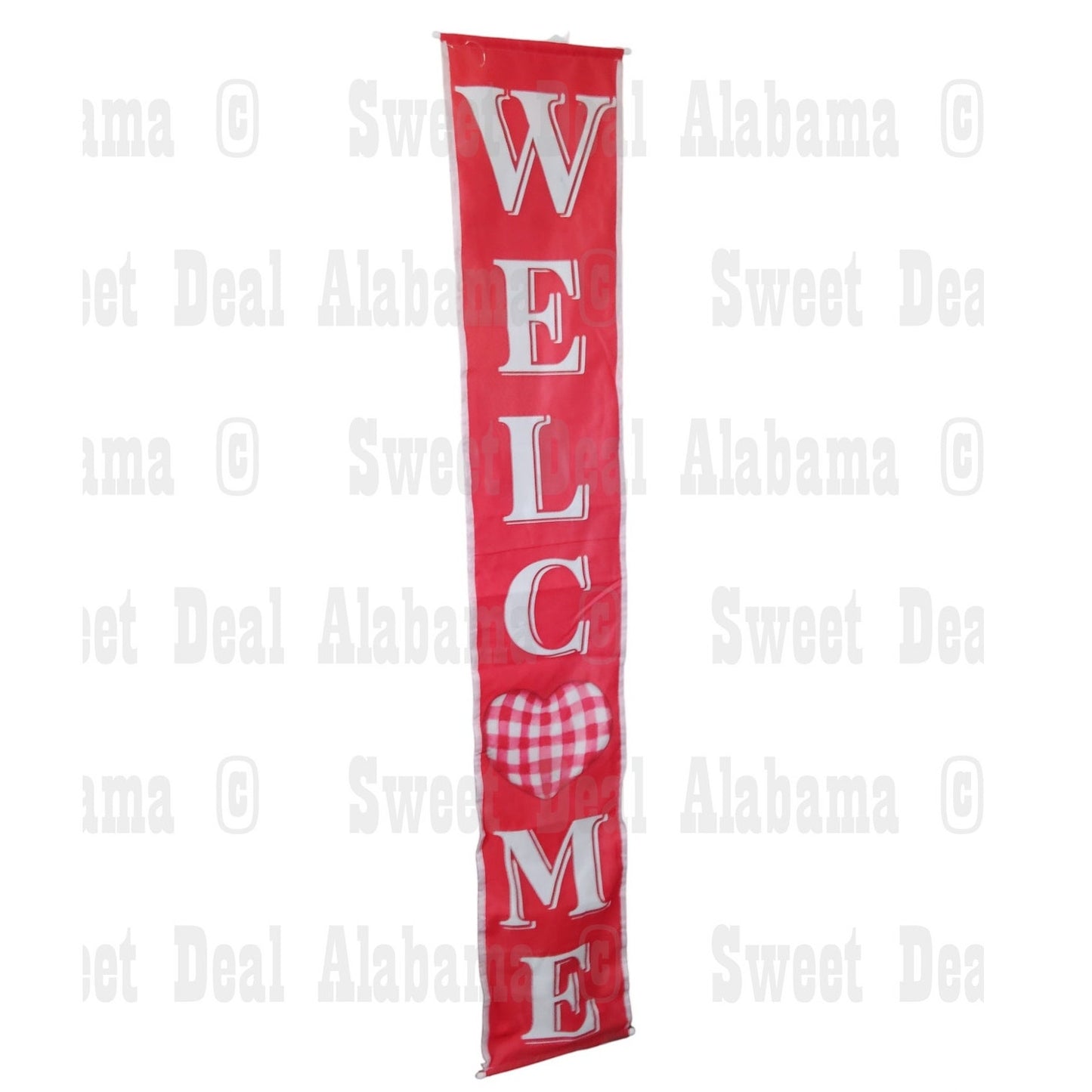 Vertical Welcome Banner – Red with Checkered Heart, Lighted Down The Sides