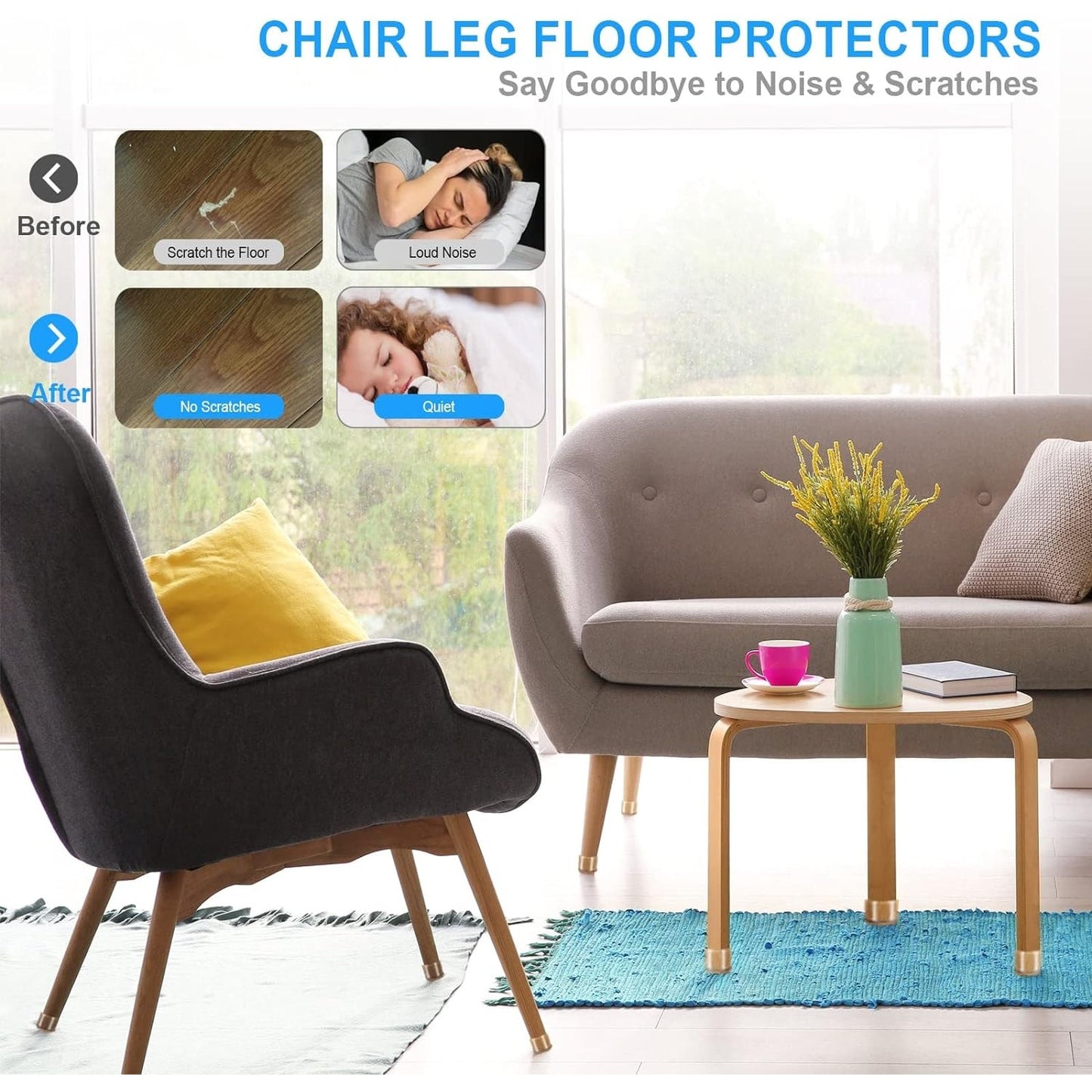 24-PK Clear Chair Leg Floor Protectors for Hardwood Floors - Square Pads