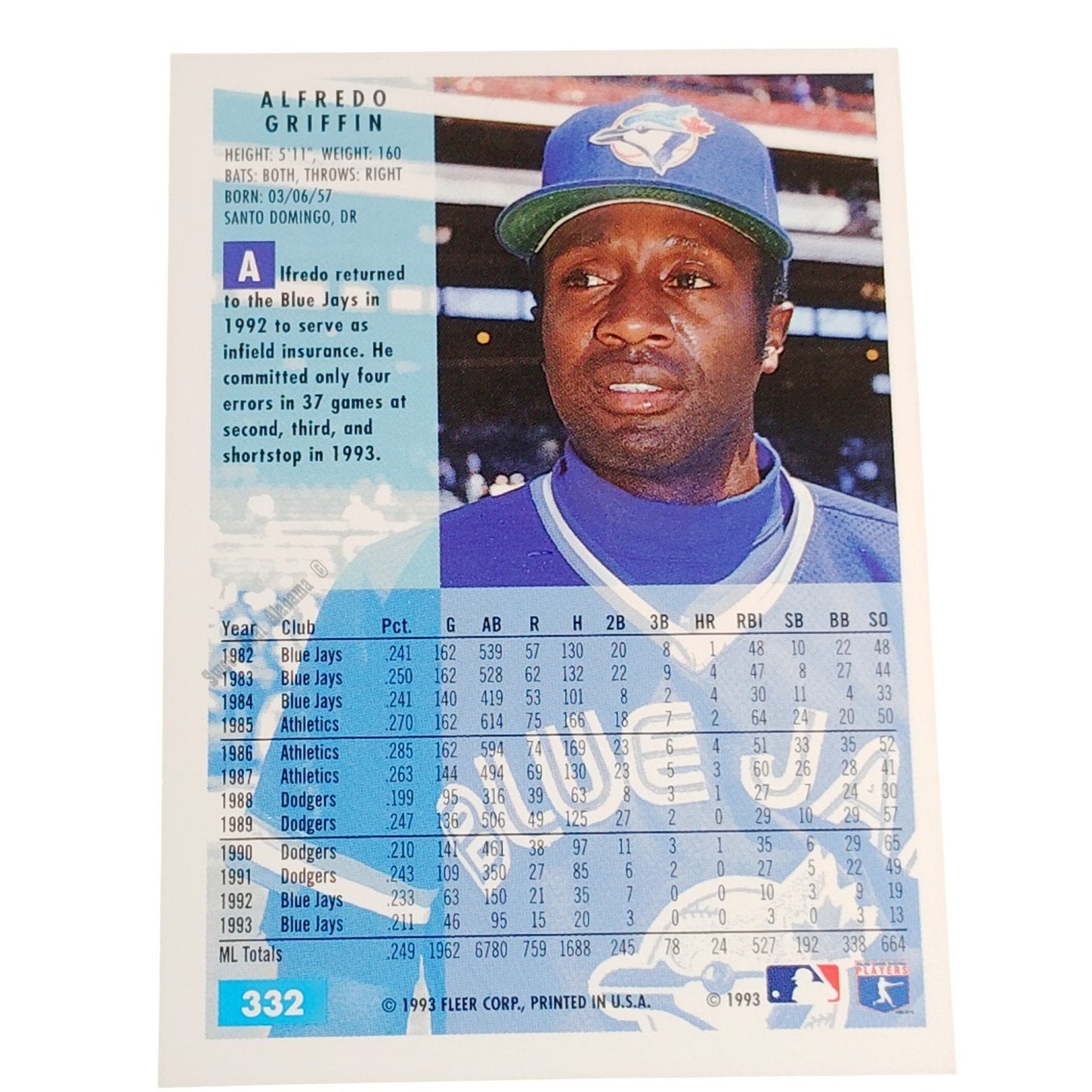 Alfredo Griffin, Toronto Blue Jays, #332, 1994 Fleer Baseball Collector's Card