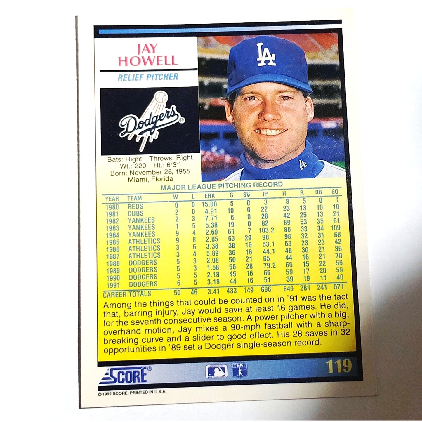 1992 Score Jay Howell #119 Los Angeles Dodgers Relief Pitcher MLB Baseball NM