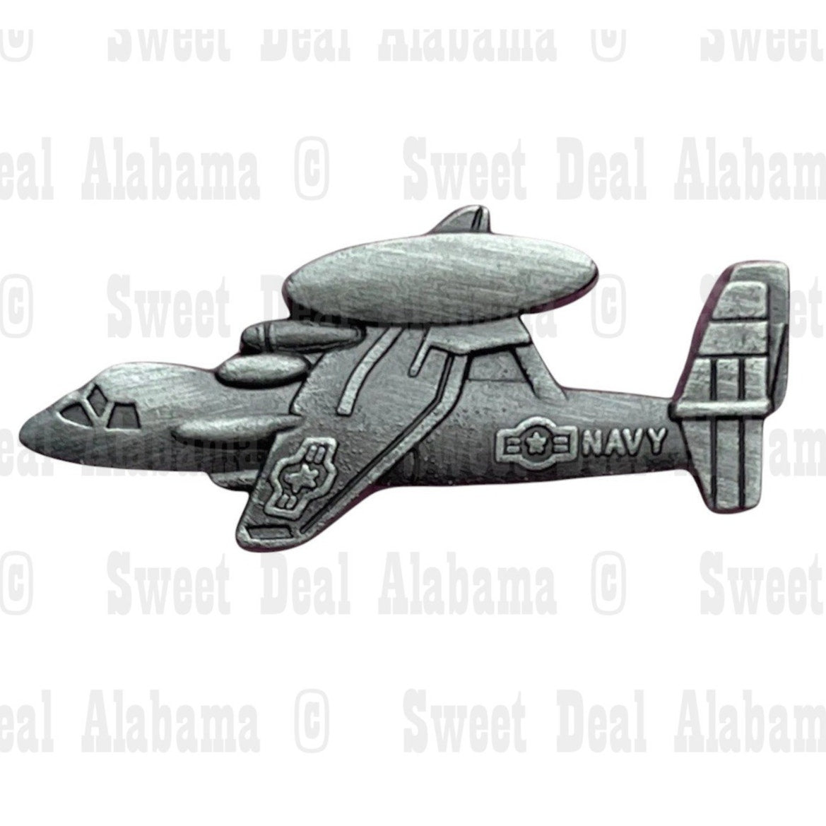 E2C Hawkeye Aircraft, Patinated Finish Hat, Lapel, Brooch Pin 1-1/4"W x 3/4"H