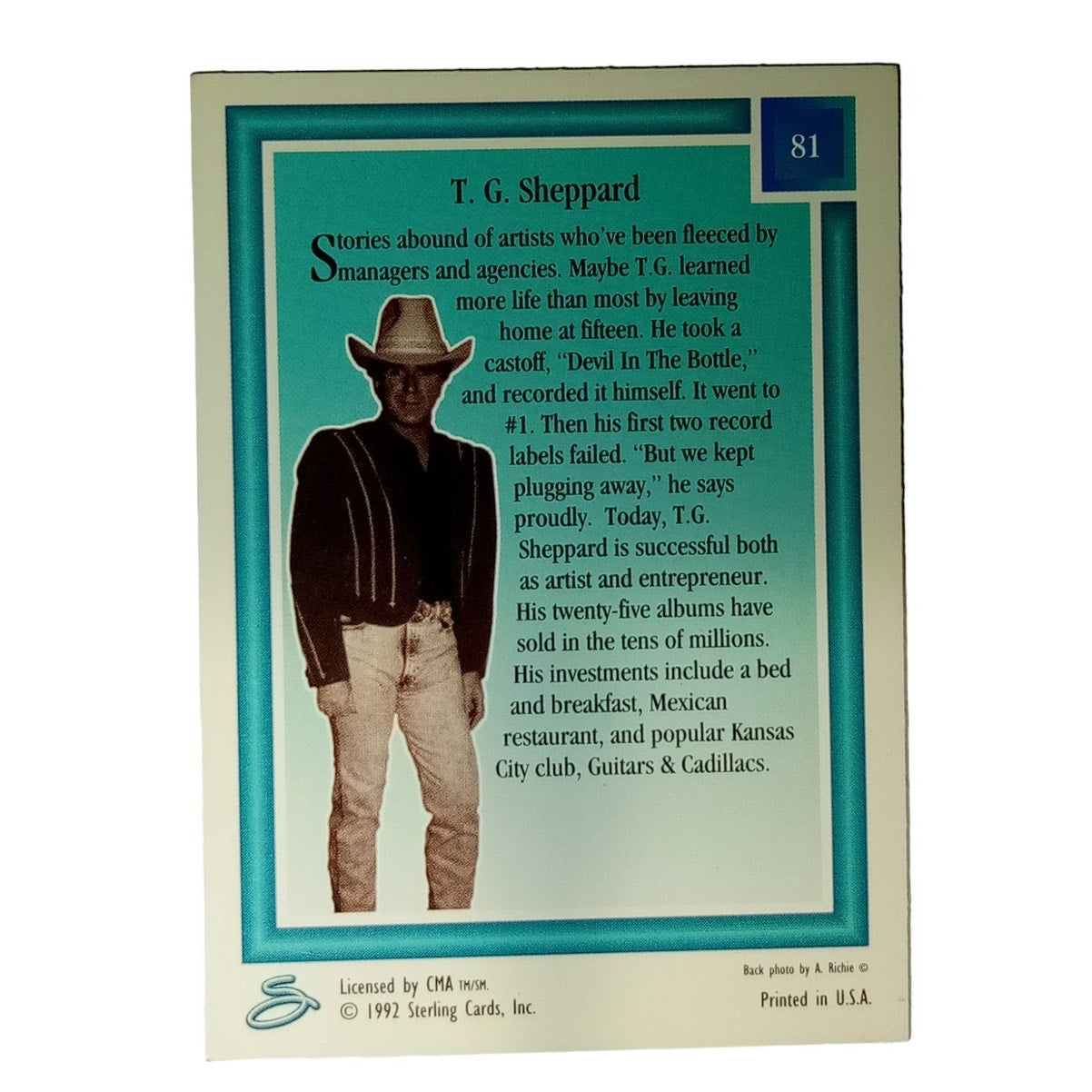 T. G. Sheppard Trading Card (Country Music) 1992 Sterling Country Gold #81, NM