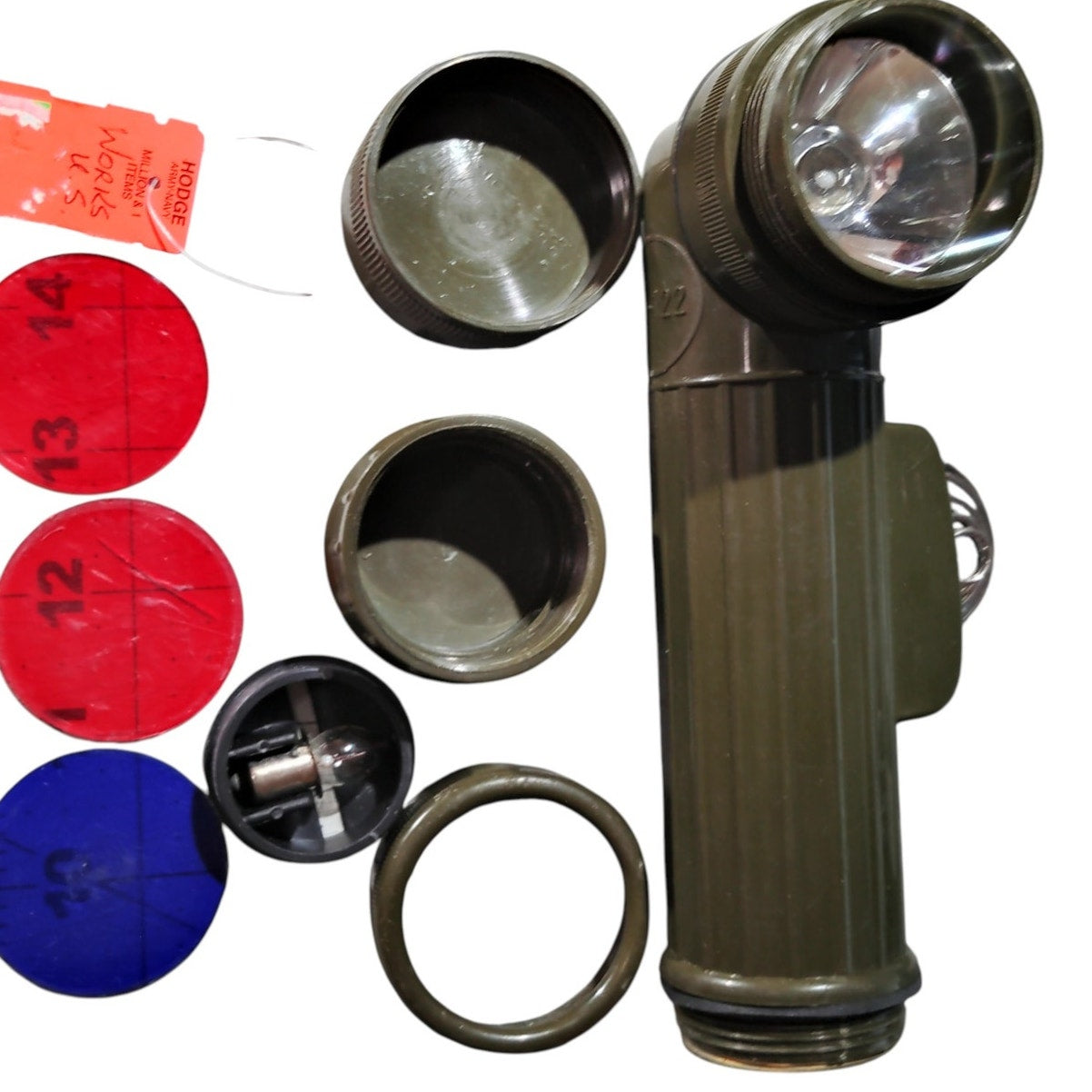 TL-122 Military Surplus Flashlight – ODG | 2 Red & Blue Lens Filters Extra Bulb