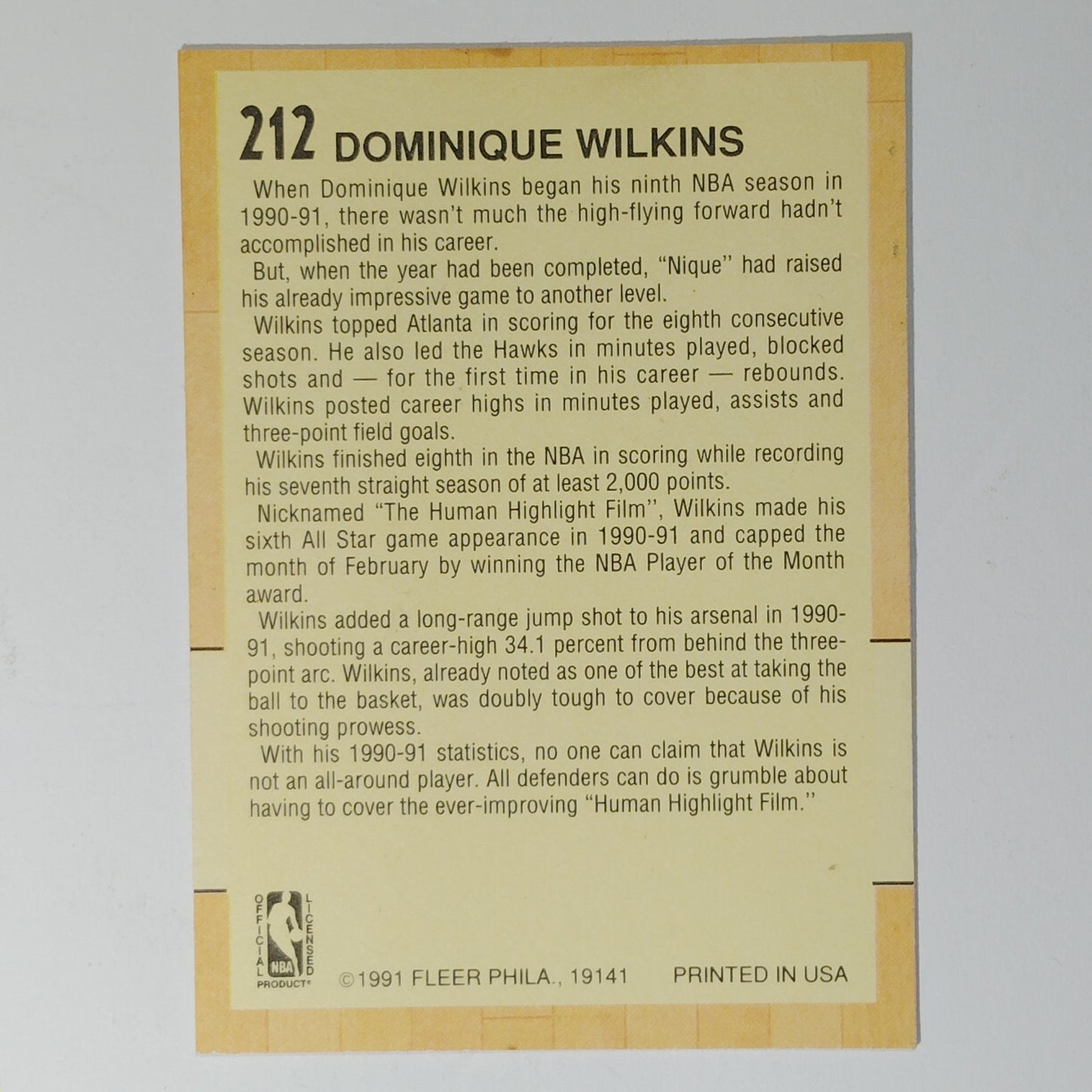 1991-92 Fleer Dominique Wilkins #212 Atlanta Hawks Hall of Fame All-Star Card