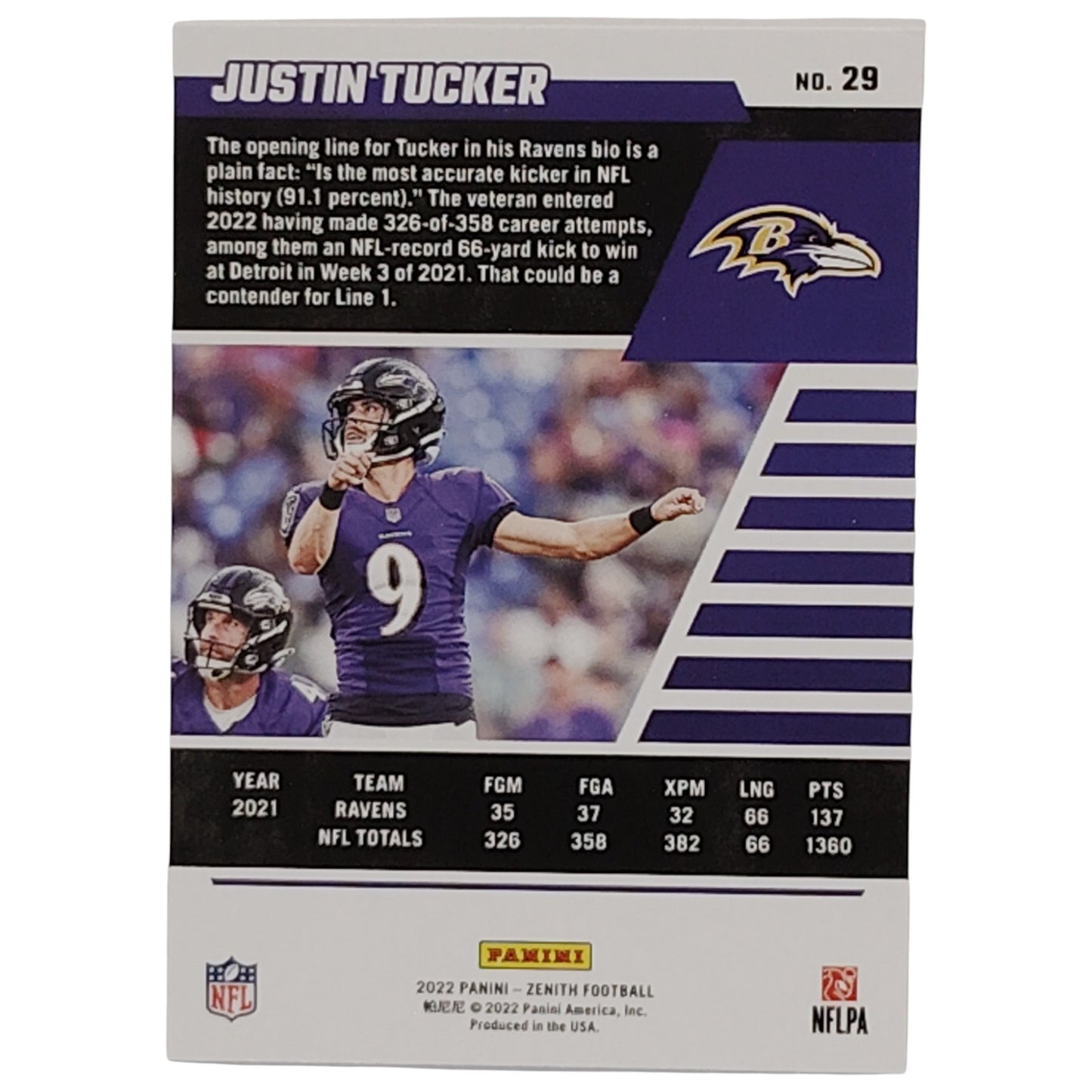 Justin Tucker, Baltimore Ravens, NFL 2022 Panini-Zenith Card 29, EX/NM