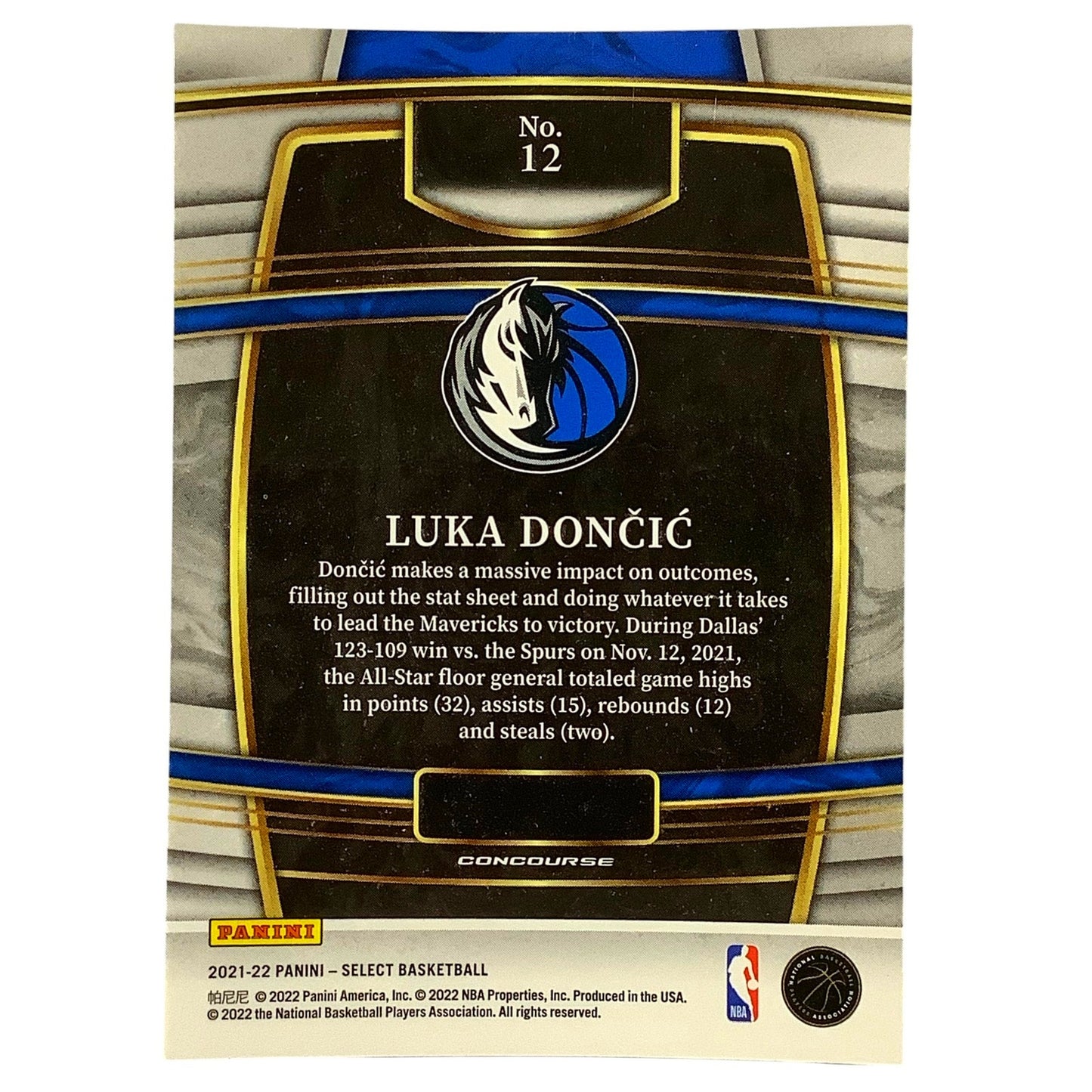 Luka Doncic, Dallas Mavericks, Card #12, 2021-22 NBA Panini Select