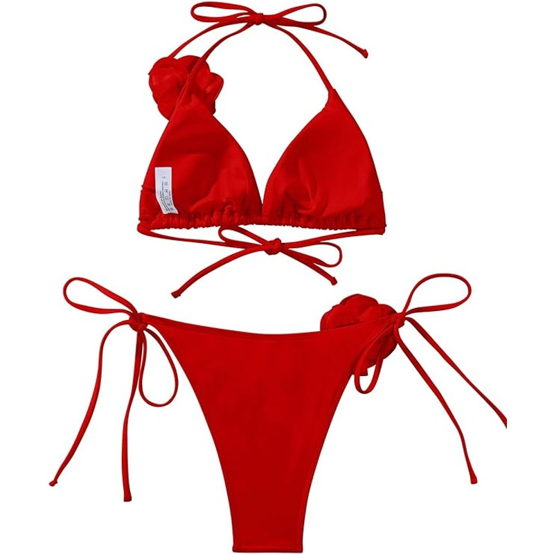 Lilosy Sexy Decorated Cheeky String Triangle Bikini 2 Piece, Medium, Red