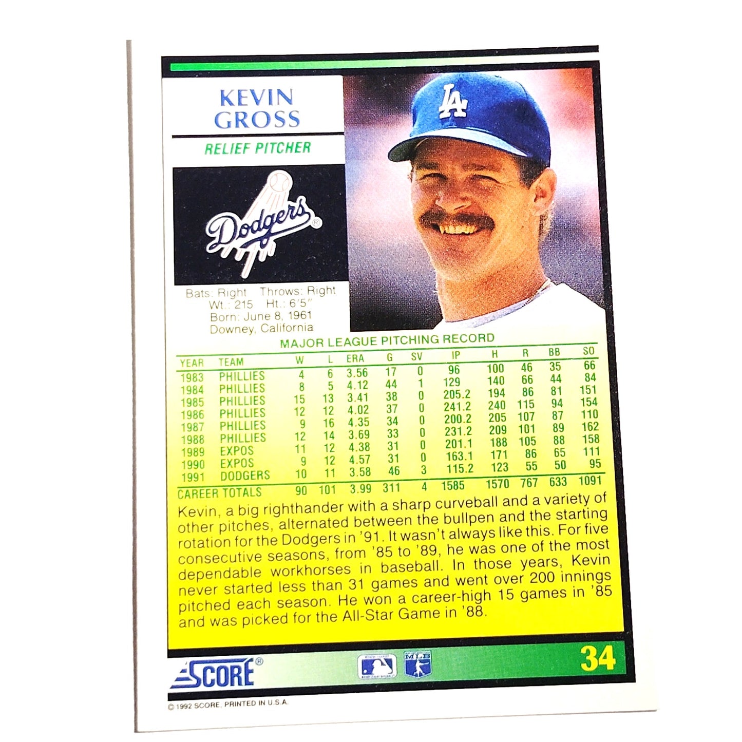 1992 Score Kevin Gross #34 Los Angeles Dodgers Pitcher MLB Baseball NM