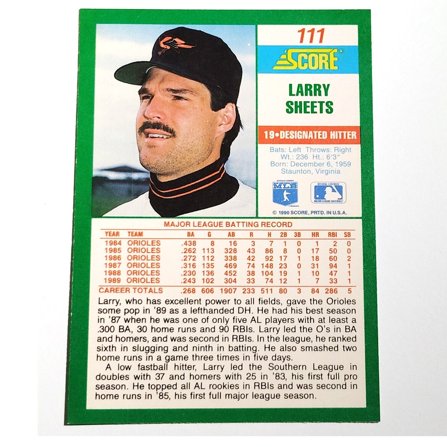 1990 Score Larry Sheets Card No. 111 Baltimore Orioles OF VG/EX