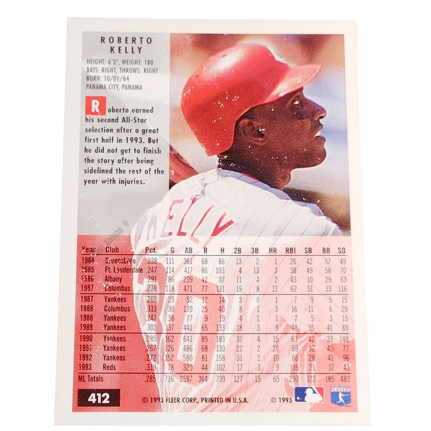 Roberto Kelly, Cincinnati Reds, #412, 1994 Fleer Baseball Collector's Card