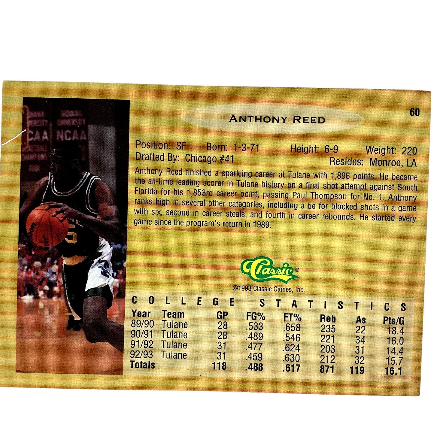 Anthony Reed, Tulane (F), Classics 1993 Draft Picks Card 60, EXC