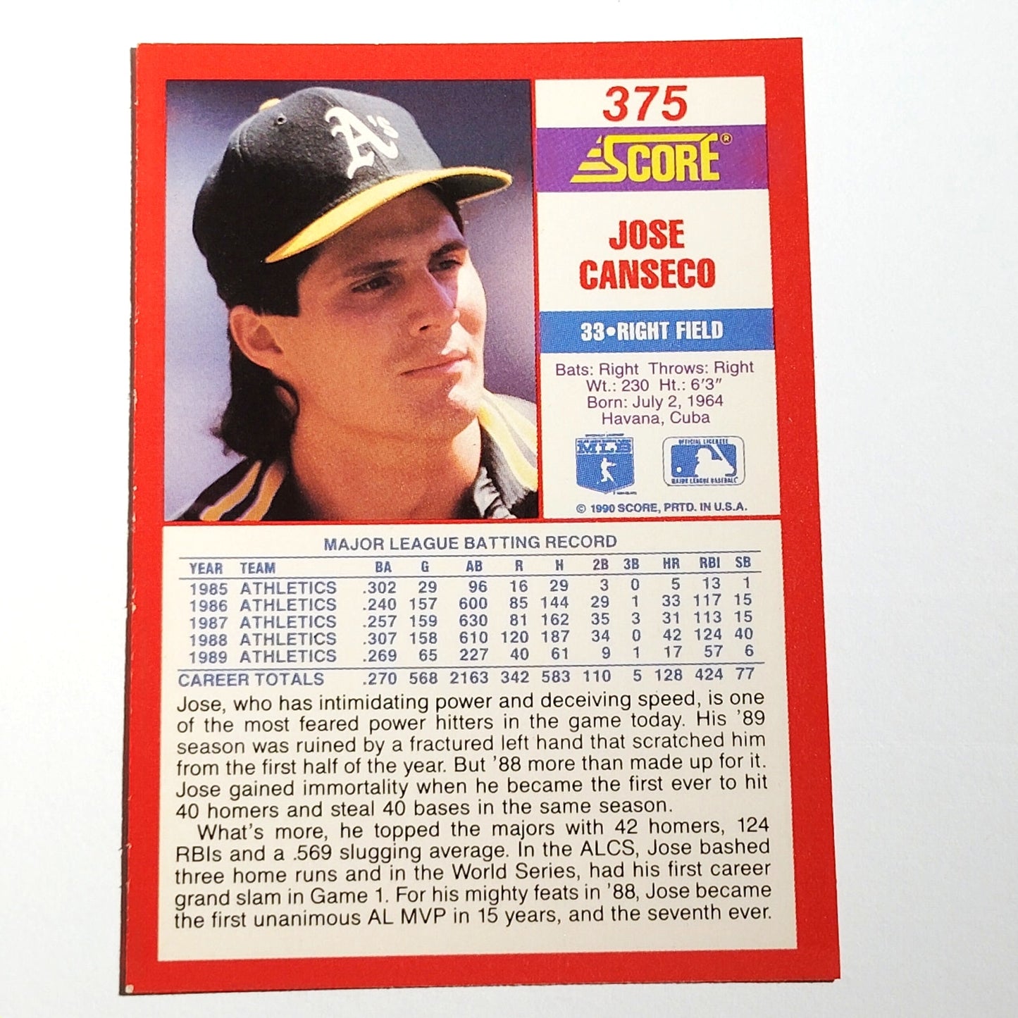 1990 Score Jose Canseco #375 Oakland Athletics Outfielder MLB Baseball EX