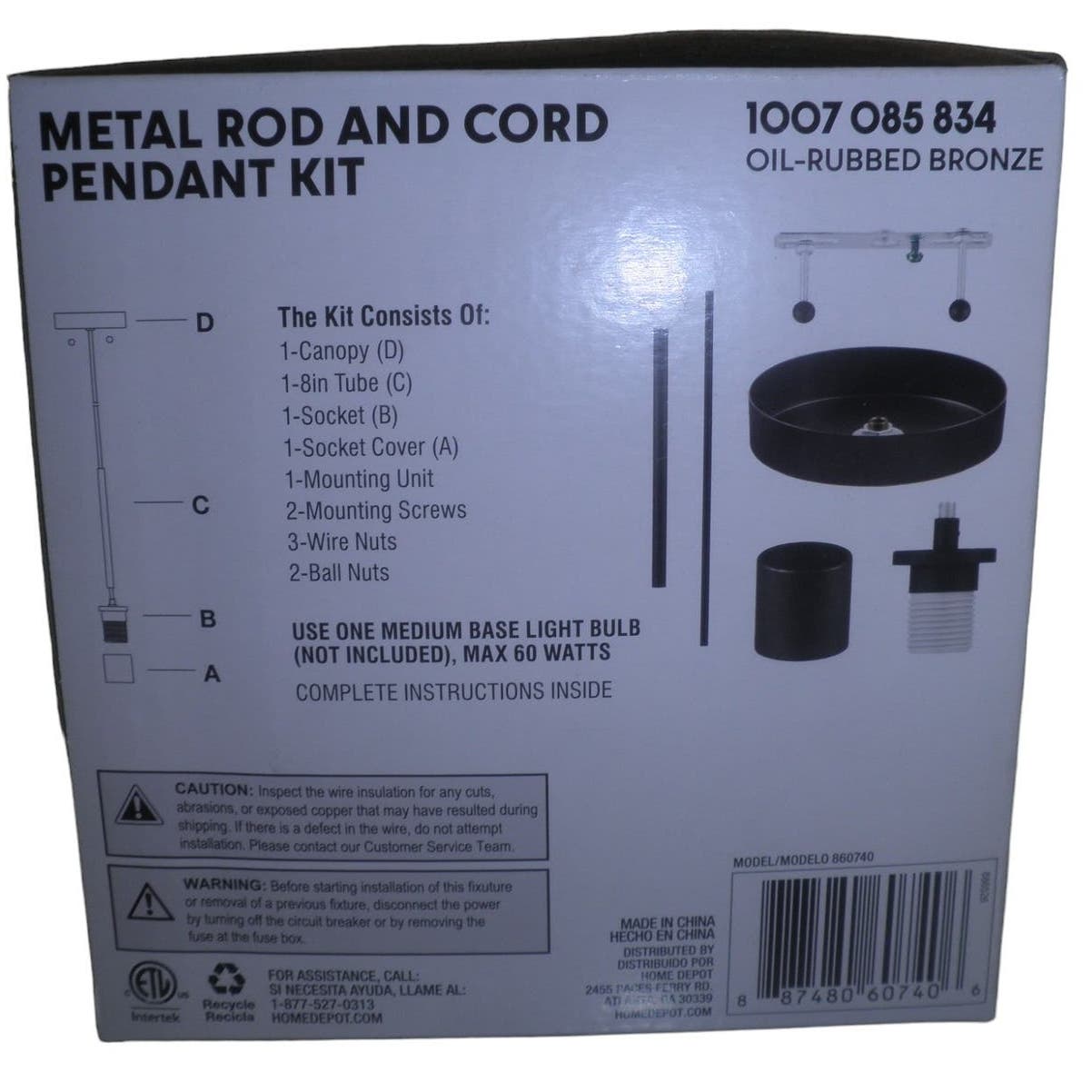 Oil-Rubbed Bronze Pendant Light Kit with Partial Metal Rod, NIB