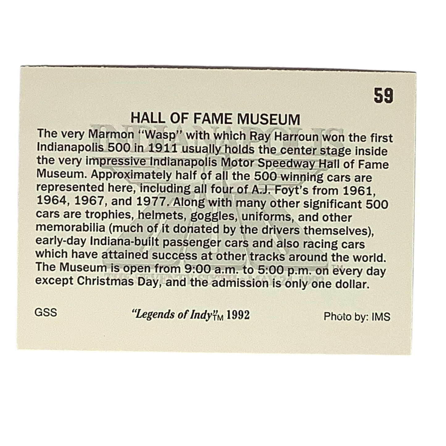 Indy 500 Motor Speedway Hall of Fame Museum, 1992 Legends of Indy, Card 59, NM+