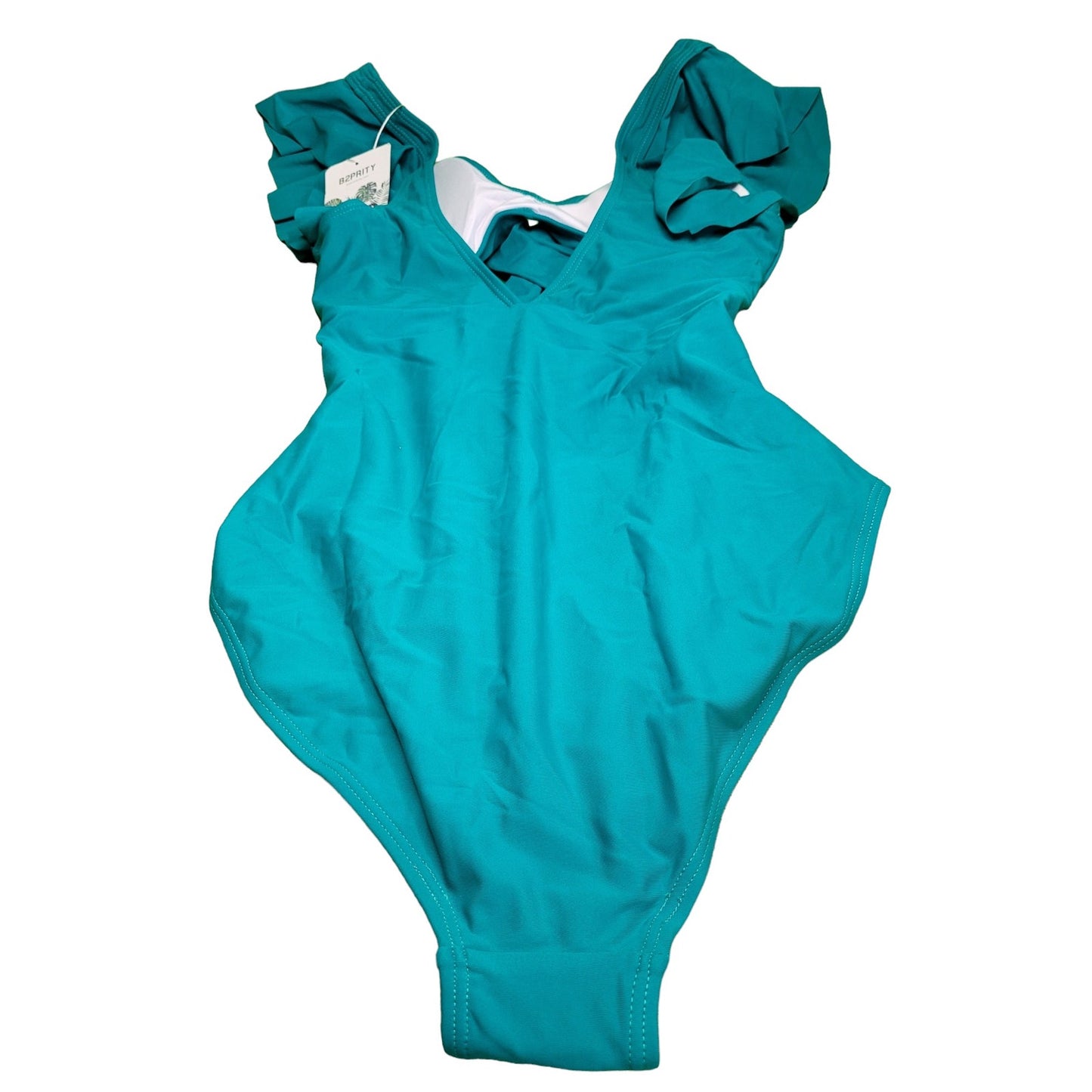 B2prity One Piece, Ruffle Cutout, Tummy Control V-Neck Wrap, Teal, SM (4-6)