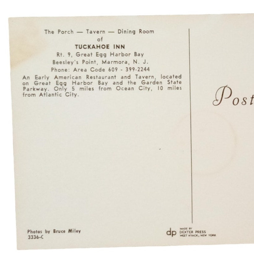 Marmora, NJ, Tuckahoe Inn, The Porch Restaurant, 3.5 x 5.5 Vintage Postcard