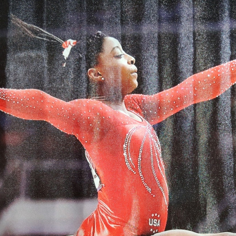 Simone Biles Canvas Print – USA Olympic Gymnastics, 24x16" Unframed, Red Leotard Performance Pose