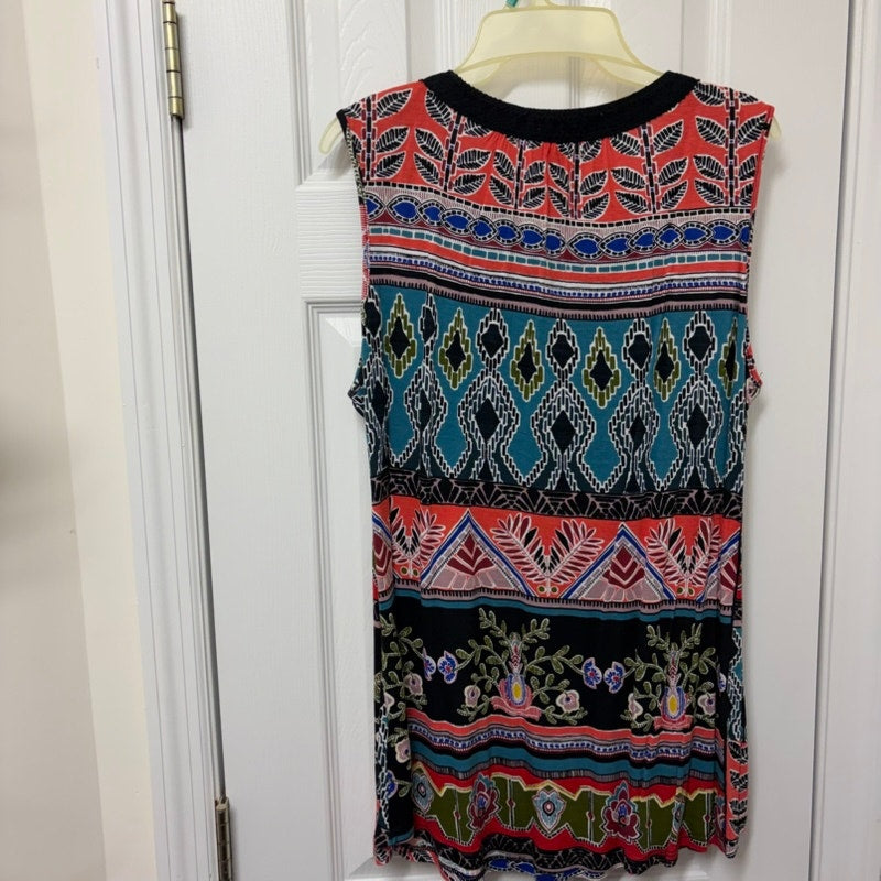 RXB Boho Geometric Floral Sleeveless Tunic Blouse - Multicolor L Rayon