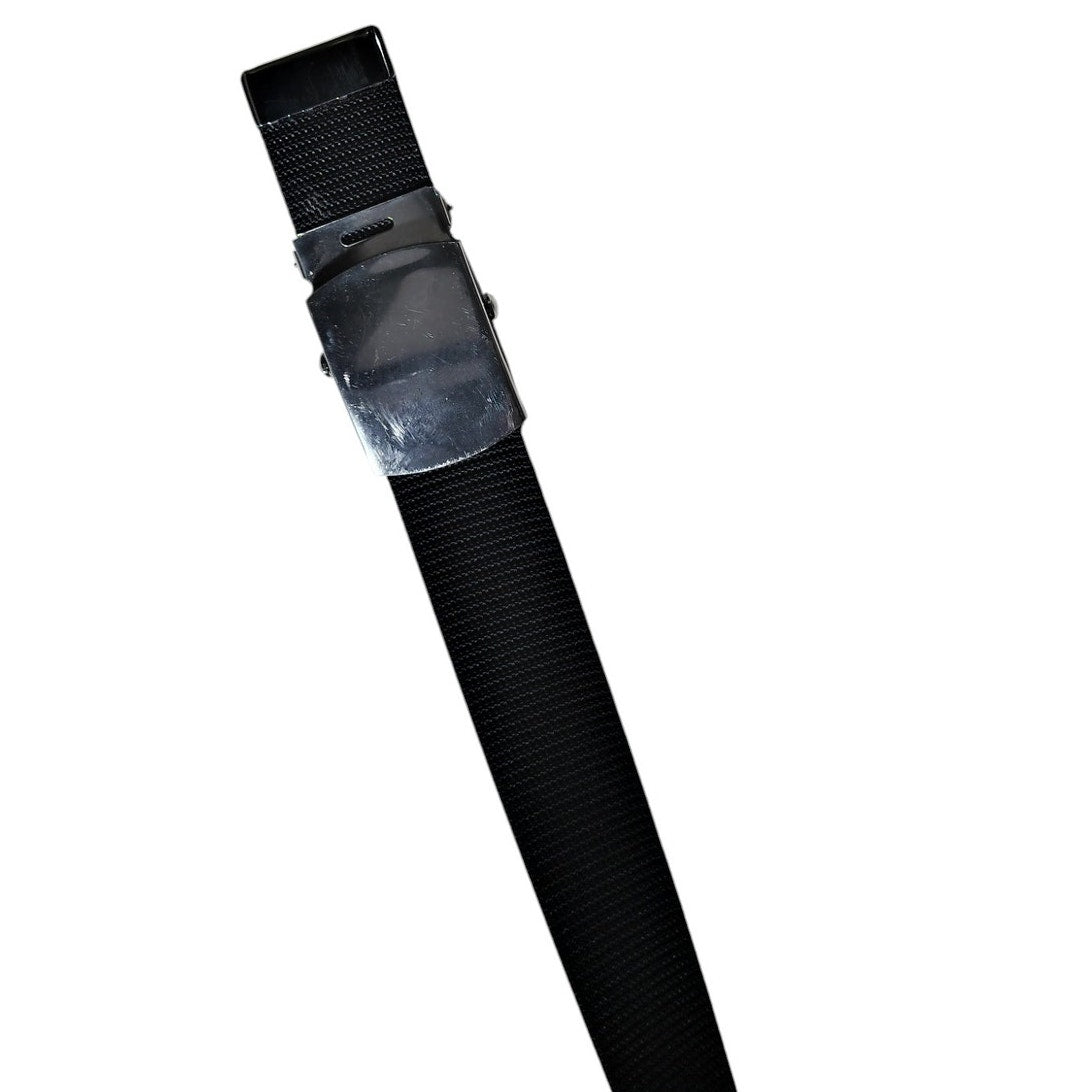 Black Military Web Belt – 38" x 1.25" – Silver Brass Buckle – Canvas Style – Unbranded