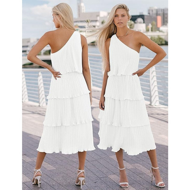 Summer One-Shoulder Sleeveless Pleated Ruffle Tiered Layered Chiffon Party Dress