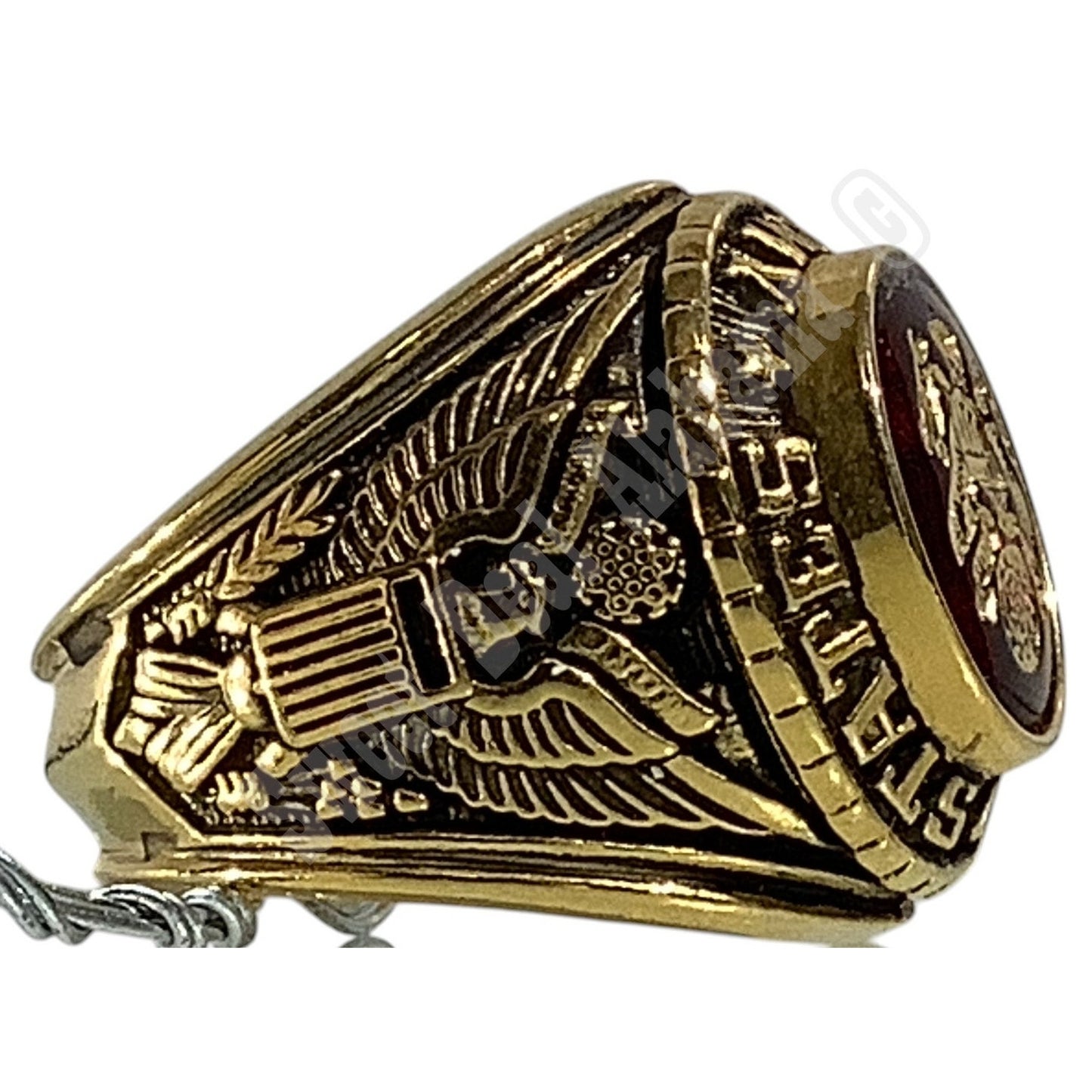 United States Army Ring, Size 6-1/2, Gold Tone, Center Red Stone w/ Army Crest