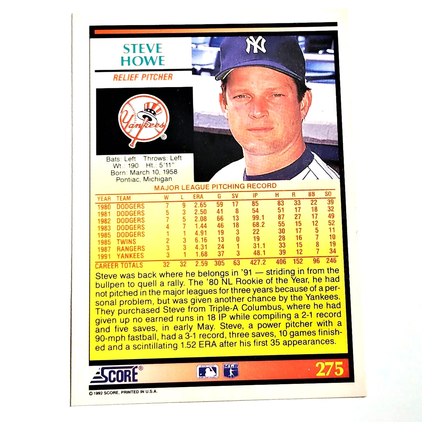 1992 Score Steve Howe #275 New York Yankees Relief Pitcher MLB Baseball NM