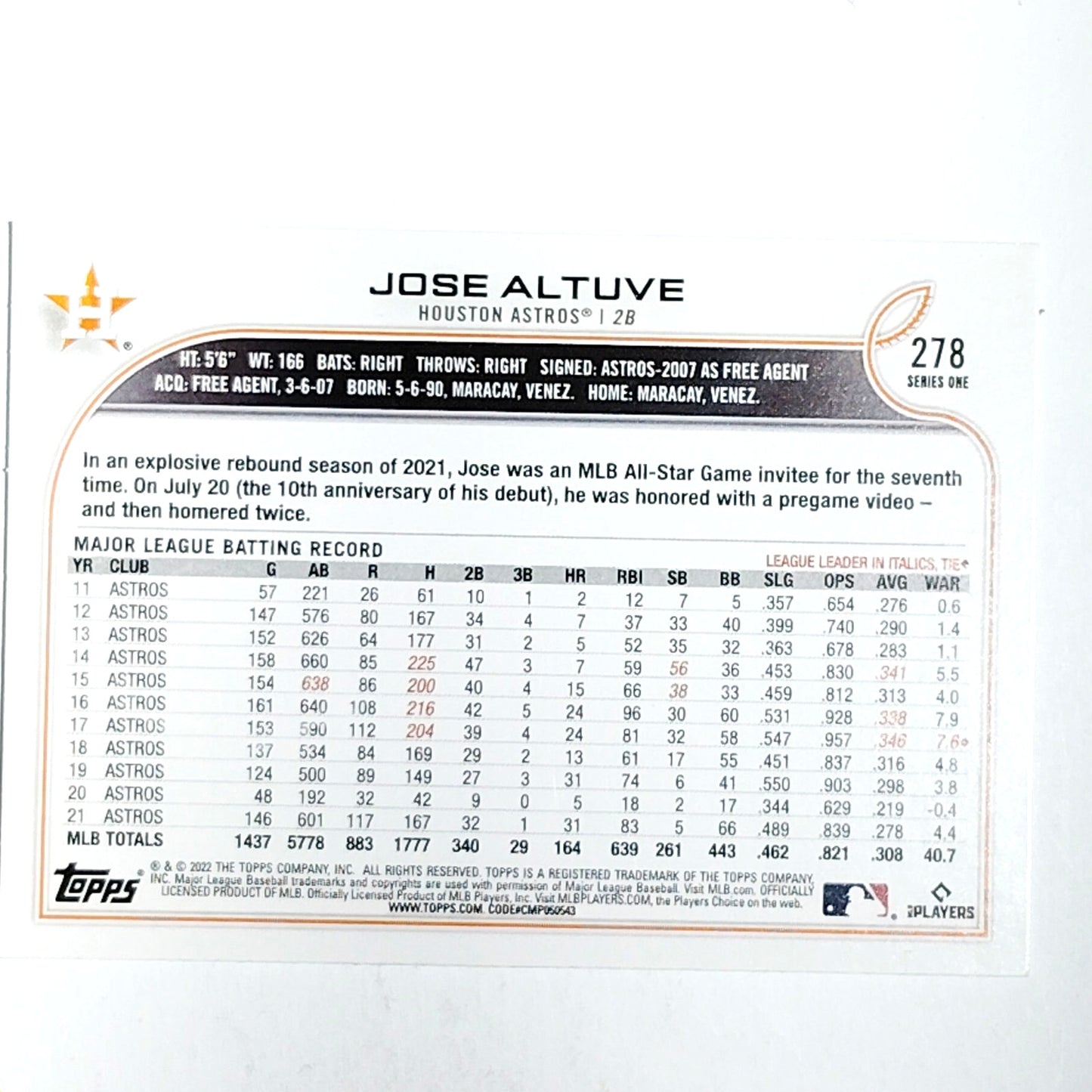 2022 Topps Series 1 #278 Jose Altuve Houston Astros 2nd Base - VG/EX