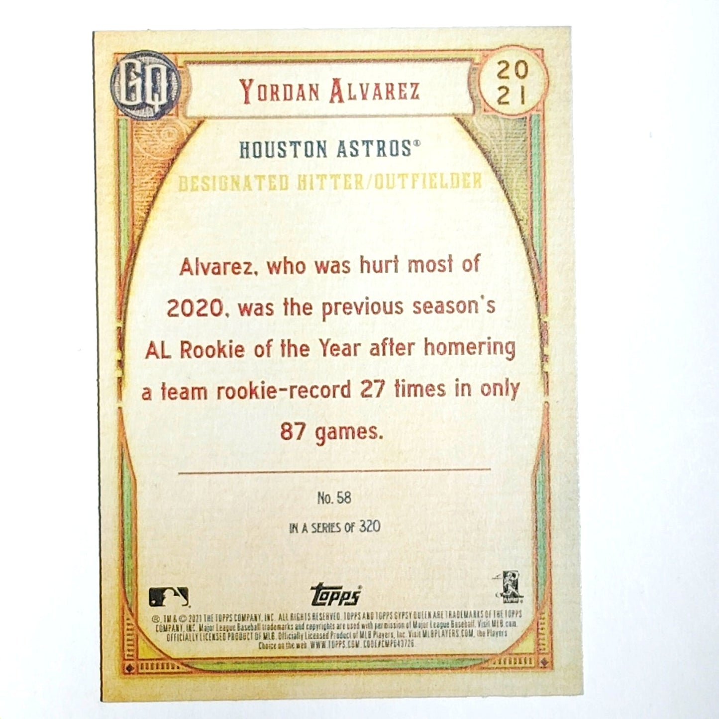 2021 Topps Gypsy Queen #58 Yordan Alvarez Houston Astros DH/Outfielder - VG/EX