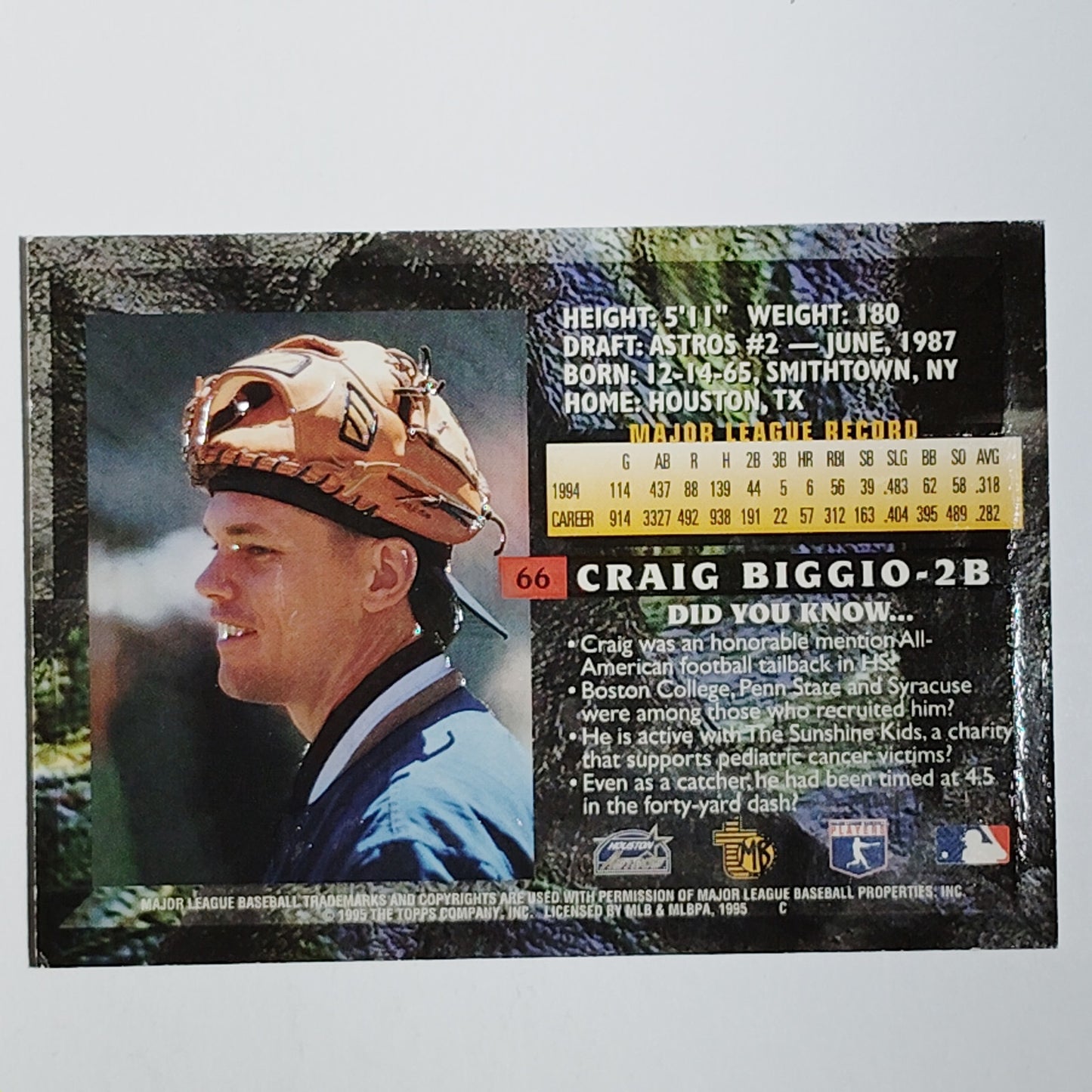 1995 Topps Embossed #66 Craig Biggio Houston Astros Second Baseman - VG/EX