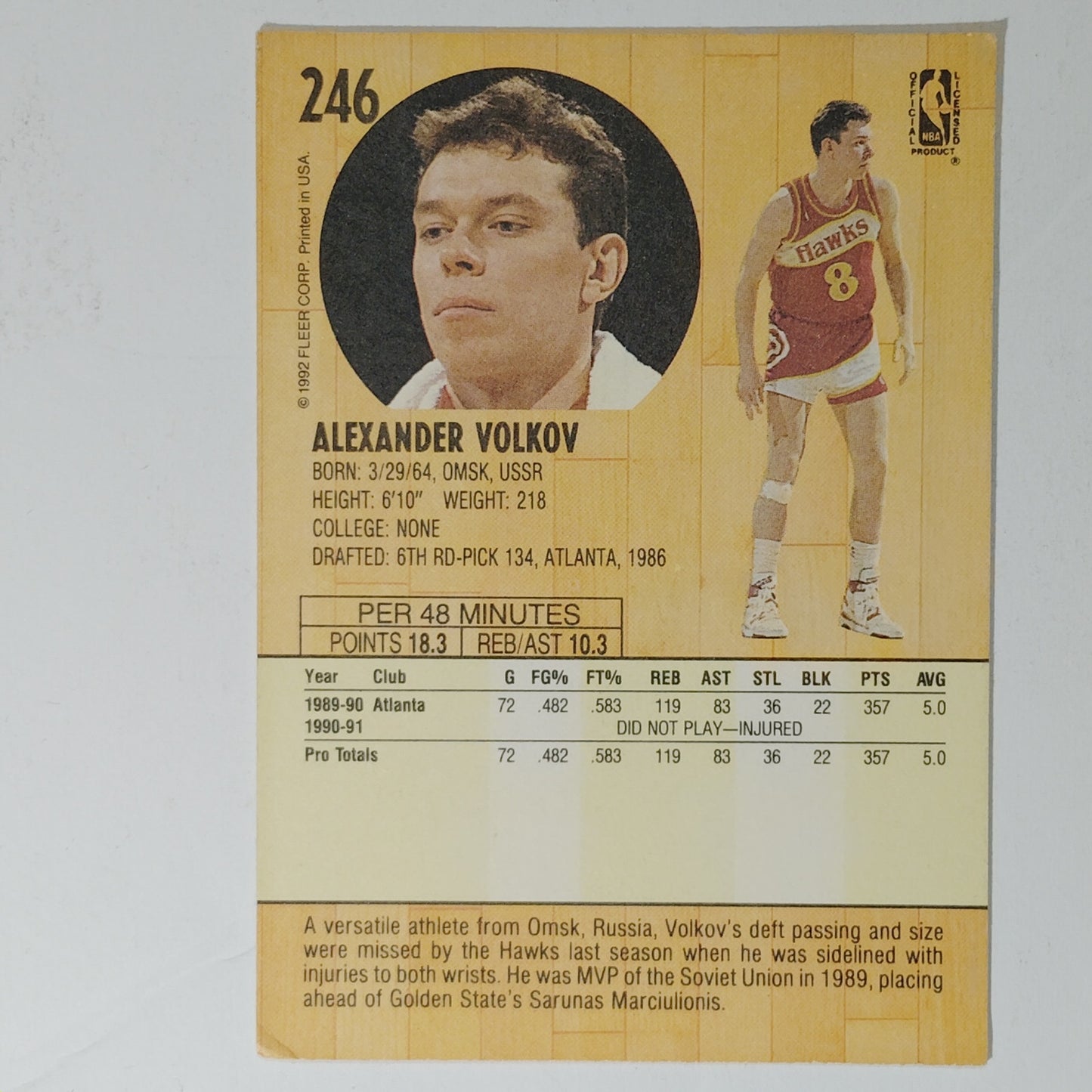 1991–92 Fleer Alexander Volkov #246 – Atlanta Hawks – Forward – NBA Card