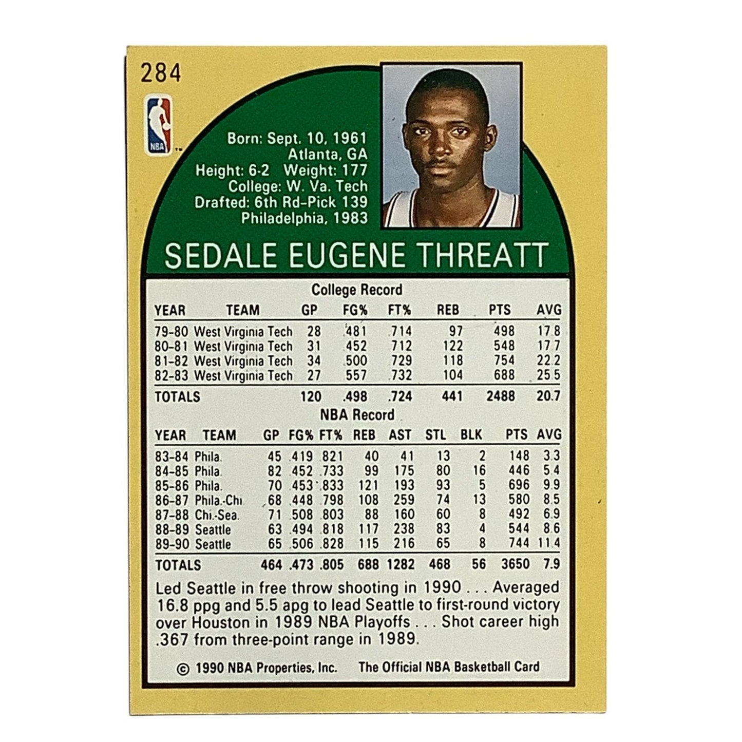 Sedale Threatt, Seattle Supersonics, NBA, NBA Hoops 1990, Card 284, EX/NM