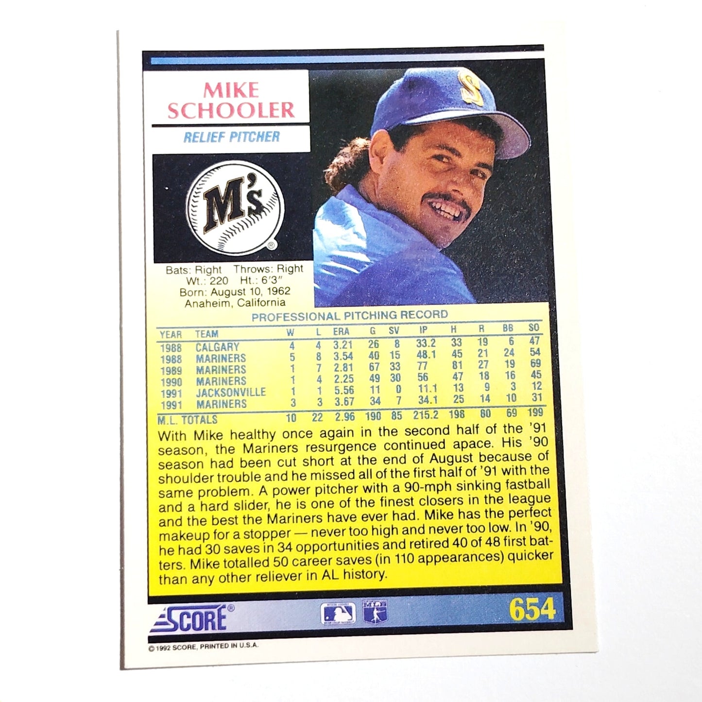 1992 Score Mike Schooler #654 Seattle Mariners Relief Pitcher MLB Baseball NM