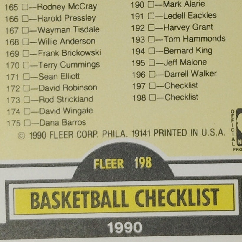 1990 Fleer Basketball Checklist #198 – Covers Cards 101–198 – NBA Card
