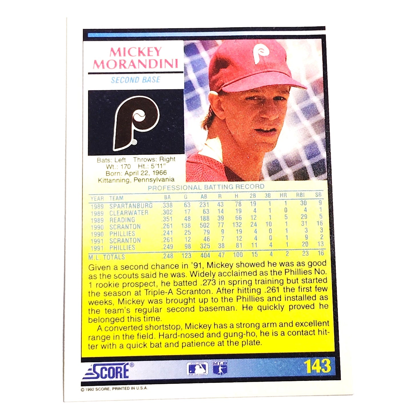 1992 Score Mickey Morandini #143 Philadelphia Phillies 2B MLB Baseball NM
