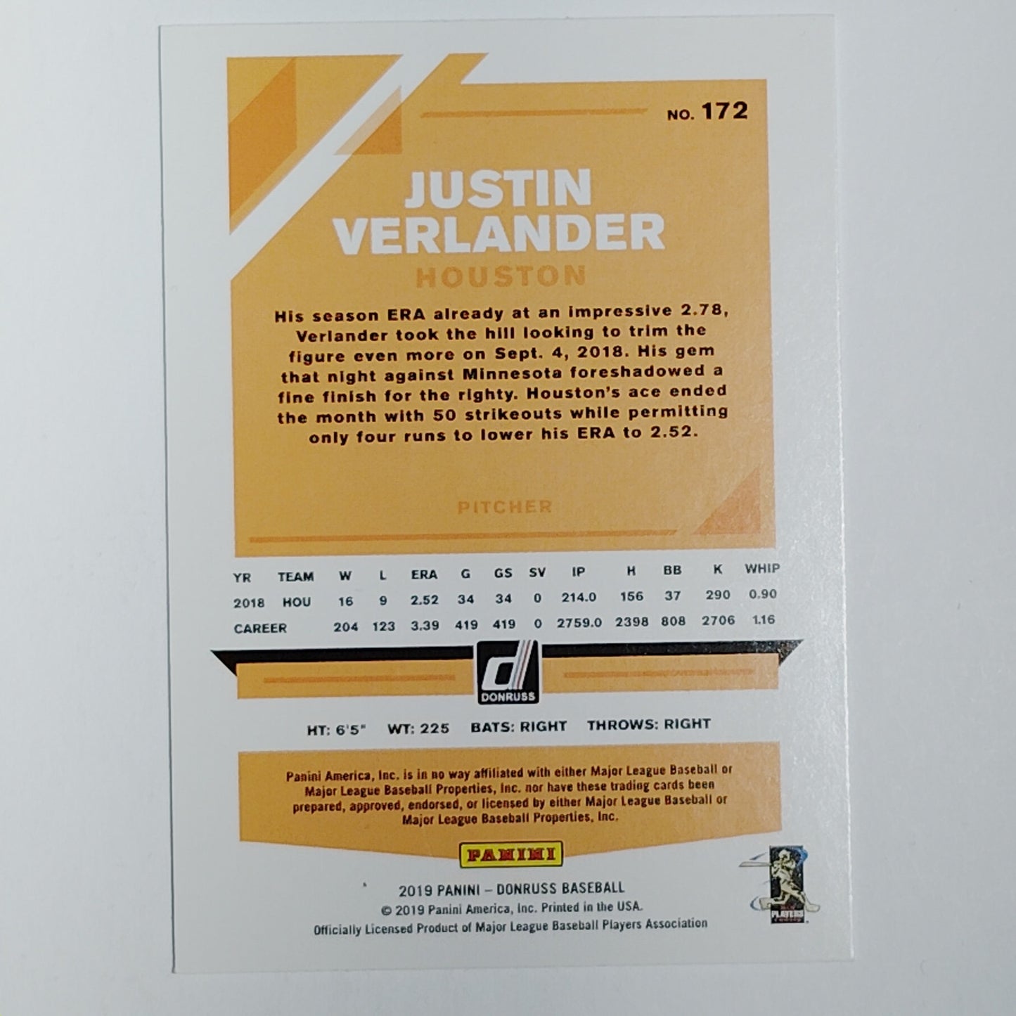 2019 Donruss Justin Verlander #172 Houston Astros Pitcher Variation - VG/EX