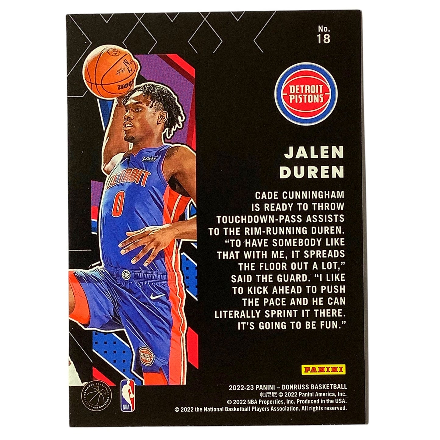 Jalen Duren Card #18 Detroit Pistons, Great X-Pectations, 2022-23 NBA Panini NM+