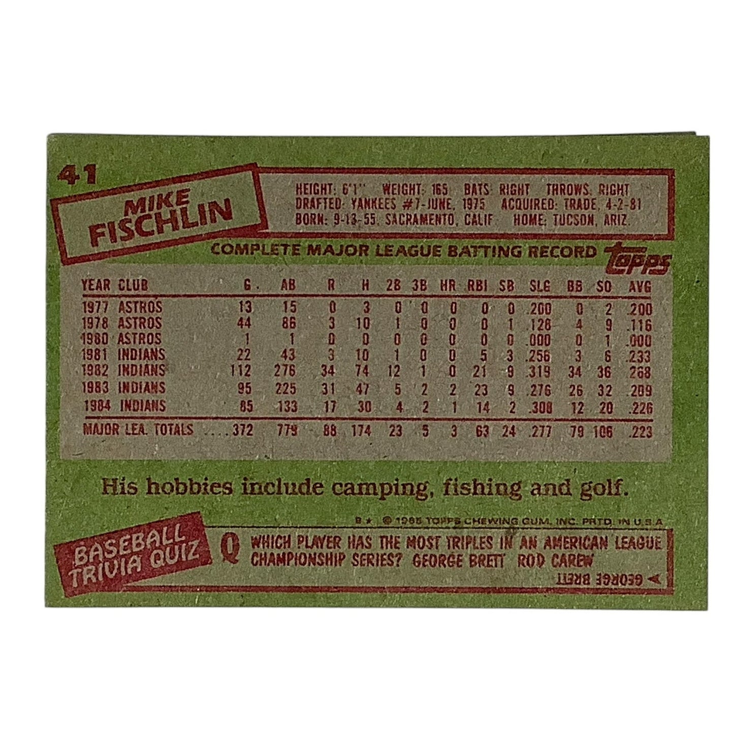 Mike Fischlin, Cleveland Indians, MLB, 1985 Topps Card 41, EX/NM