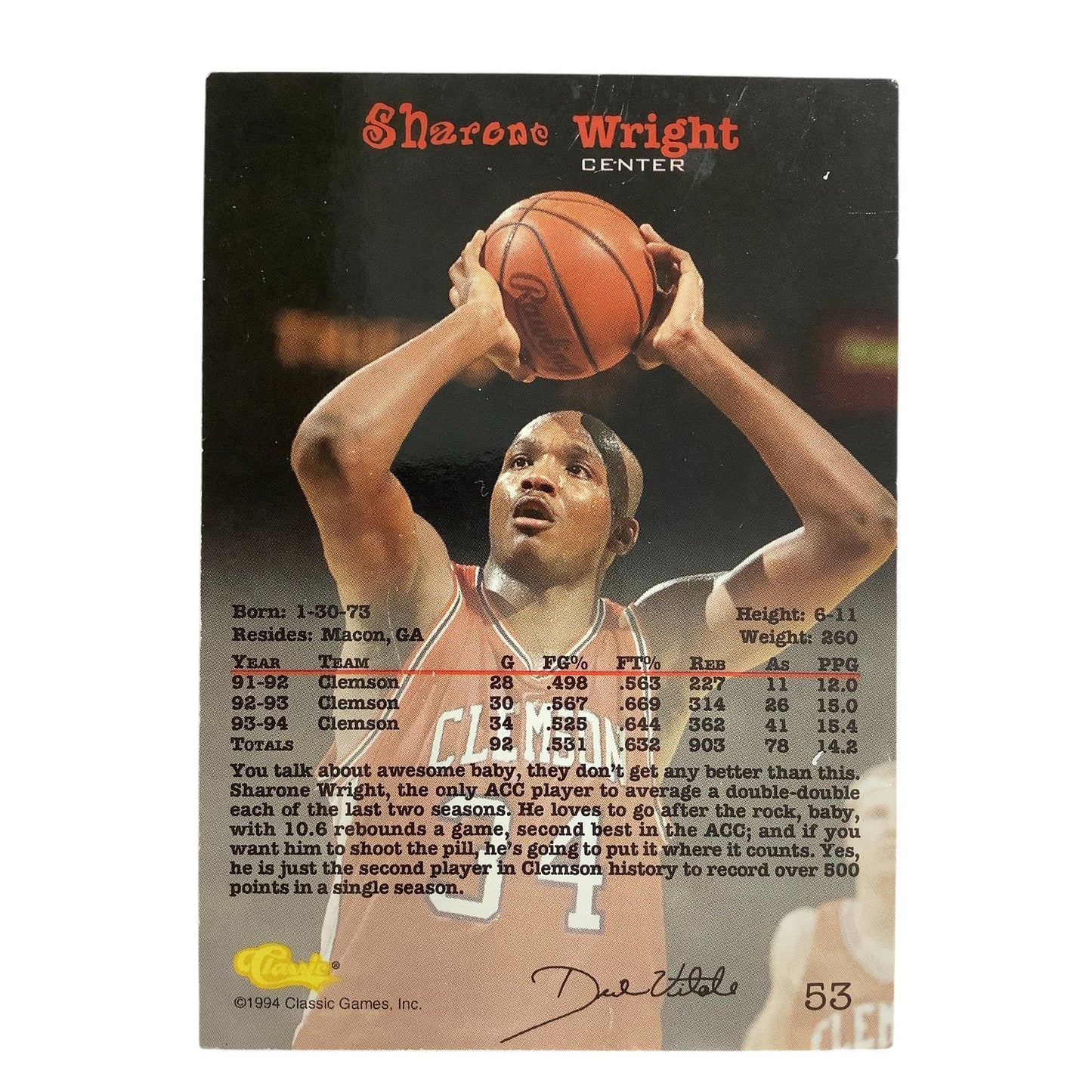 Sharone Wright, Univ. Clemson (C), Classics 1994 Draft Picks Card 53 EXC