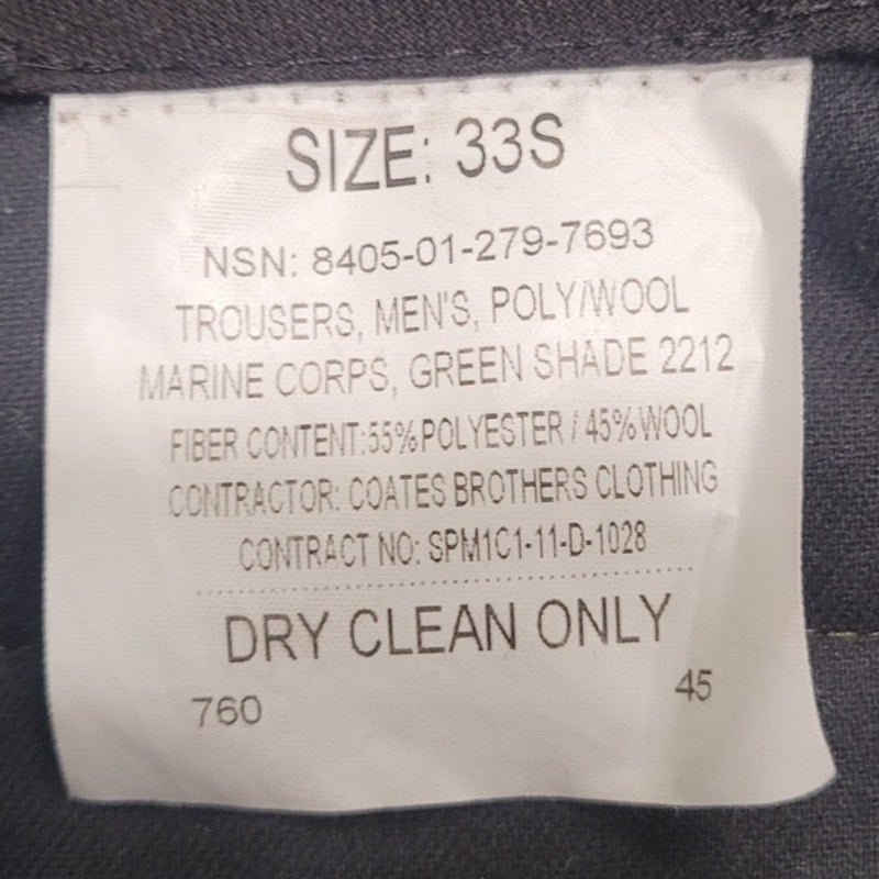 USMC Service Trousers - Size 33S - Green Shade 2212 - 65/35 Poly/Wool