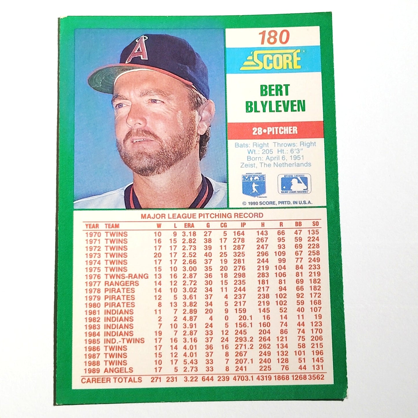 1990 Score Bert Blyleven #180 California Angels Pitcher Hall of Famer EX